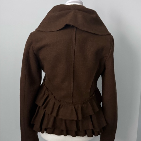 Anthropologie Elevenses Brown Ruffle Pea Coat Wool Blend Size 2